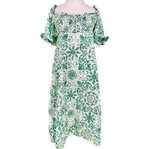Anthropologie Womens Smocked Puff Sleeve Midi Dress S Green Boho Cottage Peasant